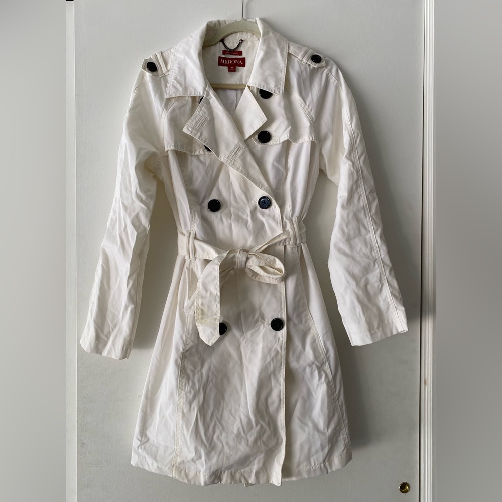 Merona White Doubled Breasted Trench Coat Belted Rain Jacket
